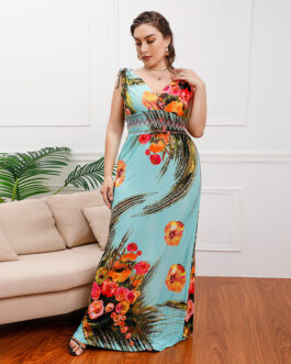 Plus Size Bohemian Ice Silk Printed Midi Dress Seaside Holiday Beach Dress V-neck Dress