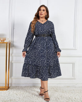 Plus Size Loose V-neck Printed High Waist Women Dress