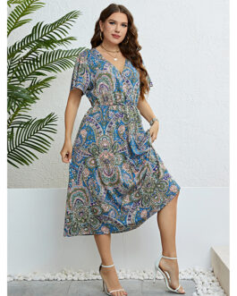 Summer V neck Waist Trimming Slimming Dress Women