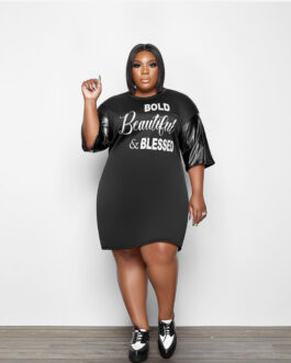 Plus Size Popular Letter Graphic Print Leather Patchwork Sexy Women Clothing Dress