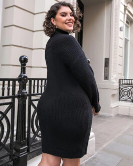 Casual Button Turtleneck Long Sleeve Sweater Dress round Neck Woolen Women Clothing
