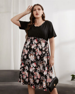 Plus Size Women V-neck Short Sleeve High Waist Dress Loose Comfortable Elastic Waist Large Swing