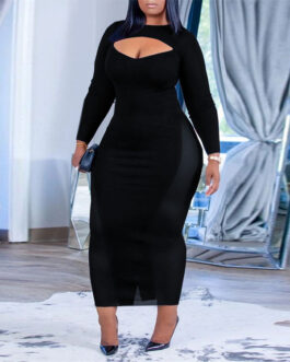 Plus Size Women Autumn Black Mid-Length One-Step Dress Office Solid Color Voile Dress
