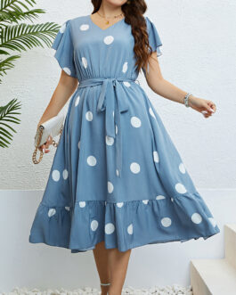 Summer V neck Lace up Waist Slimming Dress Women