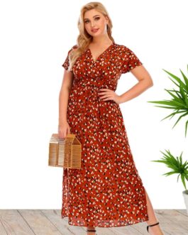 Plus Size Summer  Women Clothes Floral Dress V-neck Split Dress