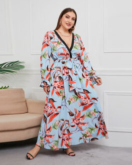 Plus Size Spring Autumn  Waist-Controlled Large Hem Maxi Dress V-neck Plant Floral Print Maxi Dress