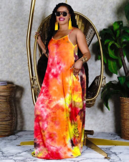 Plus Size Tie-Dyed Printed Loose Strap Long  Women Dress