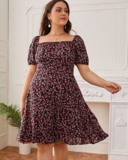 Plus Size Summer Sweet Square Collar Backless Floral Dress Boho Bohemian Vacation  Dresses
