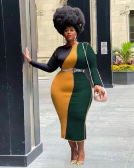 Plus Size Women Clothing Spring Stitching Contrast Color Tight  Dress