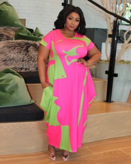 Plus Size Popular Spring Printed round Neck Long Creative Dress
