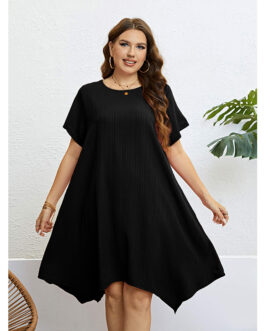 Plus Size Summer Simple Solid Color Pullover round Neck Dress Loose Irregular Asymmetric Midi