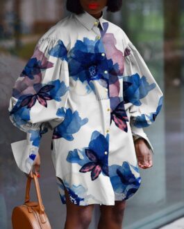 Plus Size New  Lantern Sleeve Ink Printing Retro Office Women Loose Shirt Dress