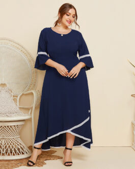 Plus Size Spring Autumn  Women Lace Patchwork round Neck Mid-Sleeve Dress Solid Color Loose