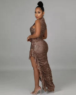Plus Size Sexy Women Wear Sequin Sleeveless Tight Split Pleating Formal Dress