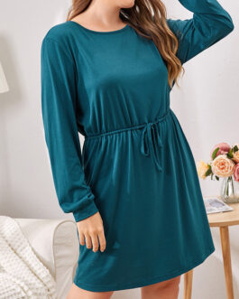 Plus Size Fall Winter  Women Clothes Dress Long Sleeve round Neck Lace up Home Nightdress
