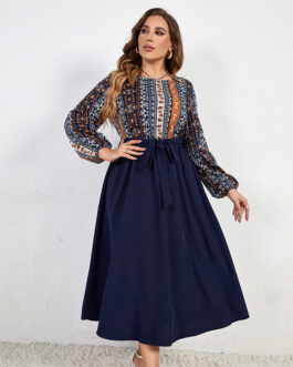 Popular Spring Autumn Patchwork Waist Slimming Lace up Plus Size Dress