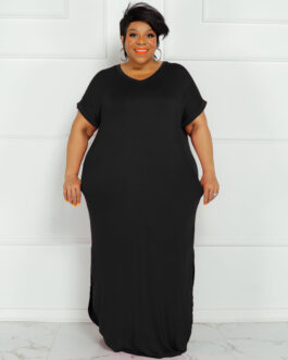 Plus Size Summer New Solid Color round Neck  Dress Slit Hemline at Hem Loose Dress
