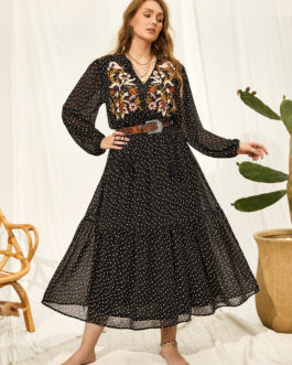 Plus Size V neck Black Polka Dot Embroidered Dress Lantern Sleeve Dress