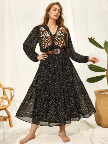 Plus Size V neck Black Polka Dot Embroidered Dress Lantern Sleeve Dress