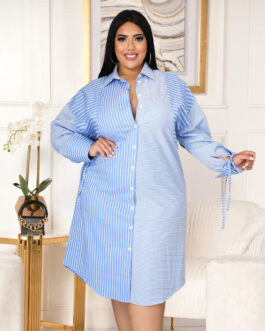 Plus Size Plus Size Women Patchwork Stripes Printed Lace up Shirt Dress