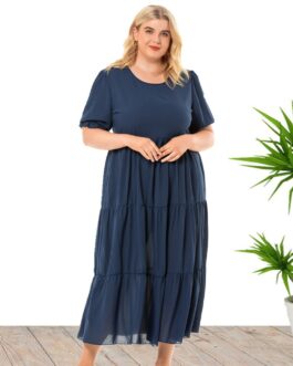 Plus Size Summer round Neck Girls Bohemian  Women Clothes Short Sleeve Dress