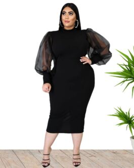 Plus Size Women Clothes Spring round Neck Slim Fit Puff Sleeve Midi Dress