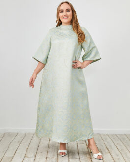 Plus Size Women Clothing Autumn Ethnic Retro Crew Neck Sleeve Loose Dress
