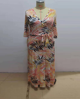 Plus Size Women Clothes Dress V-neck Sleeves Split Expansion Dress Milk Silk Dress