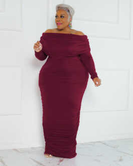 Plus Size Winter Solid Color Off Neck Sexy Women Dress