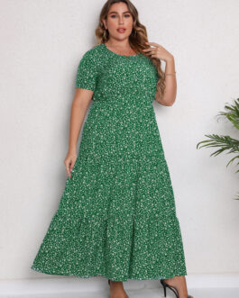 Plus Size Women Clothing Summer Short Sleeve round Neck Dress Maxi Dress