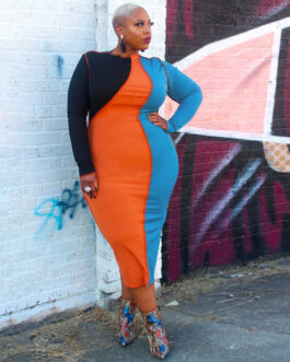 Plus Size Women Clothing Spring Stitching Contrast Color Tight  Dress