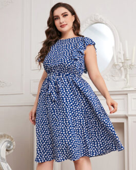 Plus Size Autumn Neck Office Printed Blue Chiffon Dress Expose Clavicle Short Vest Puls Size
