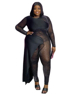Plus Size Sexy Silver Mesh Patchwork round Neck  Women Clothing Siamese Split Dress