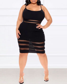 Plus Size Office Strap Type Mid-Dress Striped Medium-Waist Black  Women Dress