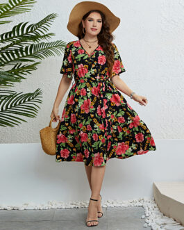 Popular Summer Rose V neck Waist Controlled Slimming Dress