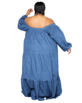 Plus Size Solid Color Denim Fabric Soft Women Swing Ruffled off-the-Neck Dress for Women