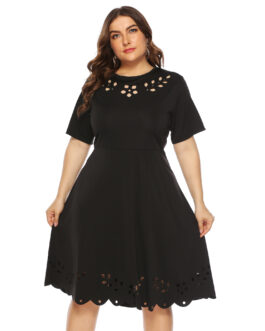 Plus Size Ladies Dress  Women Clothing Burnt Floral Hollow-out Cinched Short Sleeve Large Swing Dress