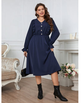 Solid Color Simple Button Lace Sleeve V neck plus Size Dress