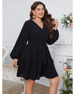 Elegant V neck Multi Layer Lace Dress Lantern Sleeve Plus Size Dress