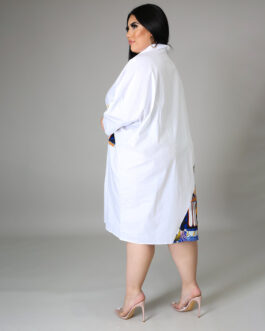 Plus Size Women Shirt Dress Loose Summer Printing Stitching Office Characteristic