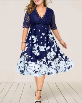 Plus Size Dress Printed V-neck Lace Stitching Banquet Party  Women Clothing Dress