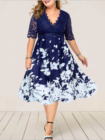Plus Size Dress Printed V-neck Lace Stitching Banquet Party  Women Clothing Dress