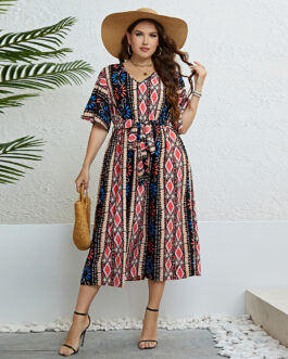 Summer V neck Printed Lace up Waist Dress Women