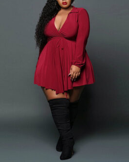 Plus Size Women Clothes Dress Pullover Long Sleeve High Waist Solid Color Short Dress Deep V Plunge Plunge Lace-up Red Dress