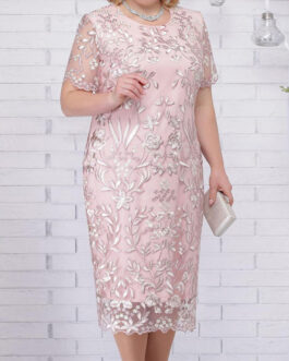 Plus Size Spring Summer Ladies Casual round Neck Short Sleeves Embroidered Sheath Dress