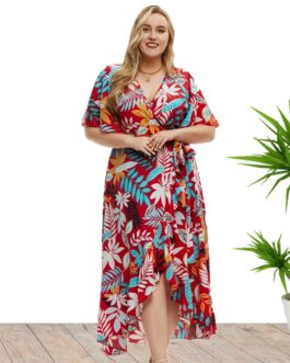 Plus Size Women Summer Short Sleeve Printed Wrap Dress