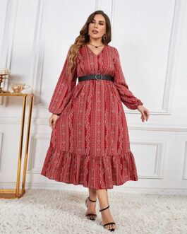 Plus Size Solid Color Waist Tight Slimming Lace up V-neck Long-Sleeved Women Dress