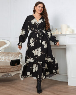 Elegant Printed V neck Petal Sleeve Women Plus Size Jumpsuit