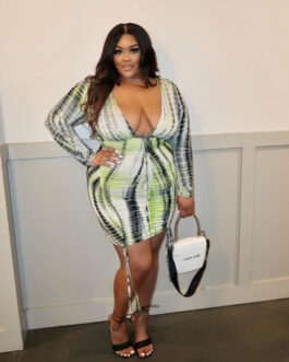 Plus Size Popular  Printed V Neck Sexy Crumpled Hip Dress
