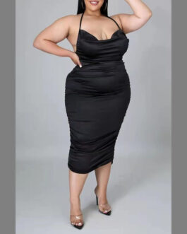 Plus Size Women Clothes Solid Color Stretch Satin Office Loose French Dress One-Step Dress Women Clothing